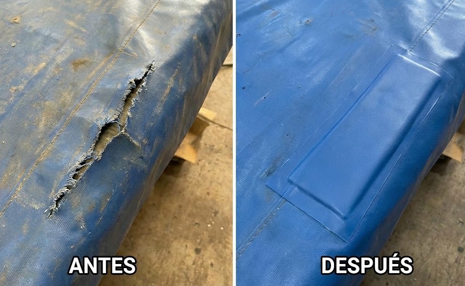 Antes y después de la reparación de un desgarro en la lona azul de un camión.